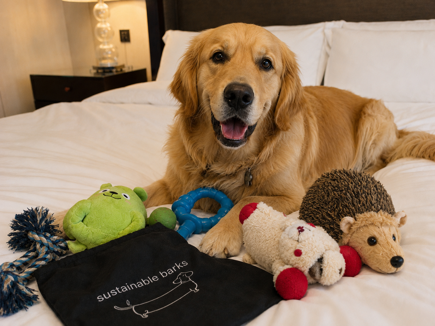 Golden retriever on hotel bed next to a curated Sustainable Barks welcome bundle