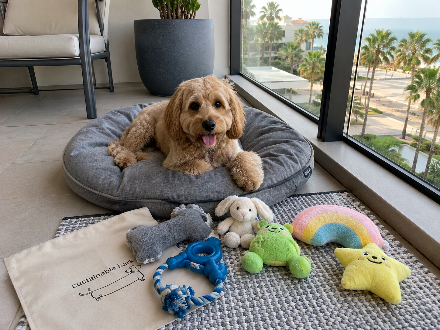 Goldendoodle on hotel bed by oceanfront window with Sustainable Barks welcome bundle