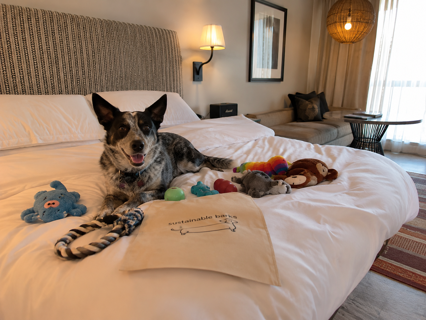 Australian Cattle Dog on hotel bed with Sustainable Barks welcome bundle