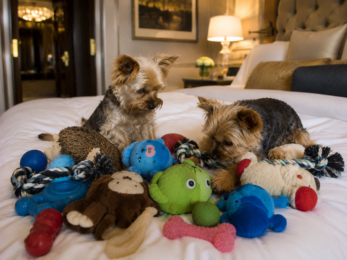 Two Yorkies with a luxury Sustainable Barks toy bundle in a hotel room